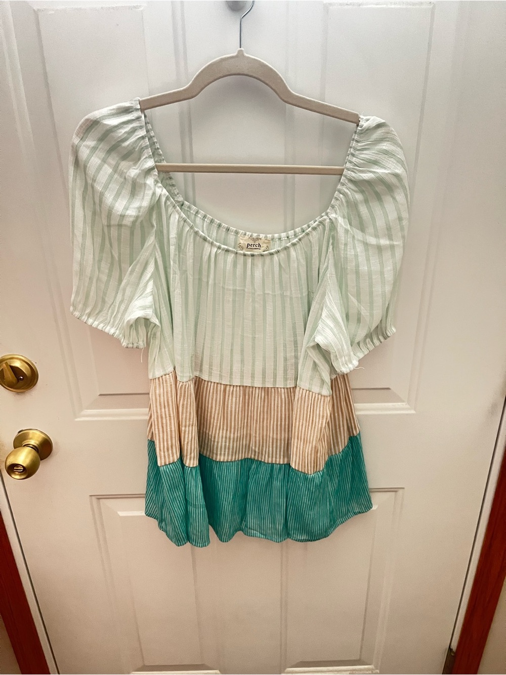 Perch by Blu Pepper Mint, Cream & Teal Tiered Peasant Top-Size 2XL